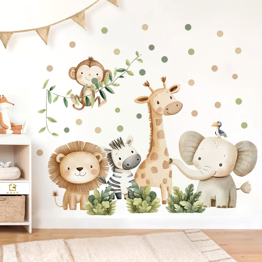 Baby Nursery Boy - 自由奔放に生きる森の動物ウォールステッカーキッズルーム用男の子女の子ベビールーム装飾保育園壁紙象キリン猿ライオン