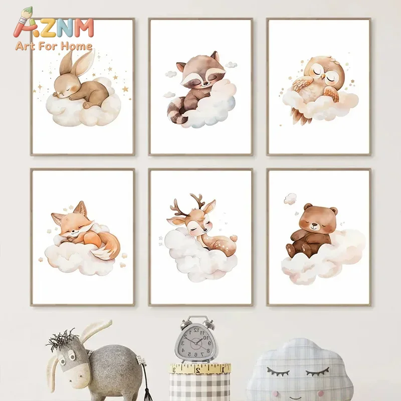 AZNM 水彩画風の森の動物たちのキャンバスプリント、フレー - Baby Nursery Frames のレビューと価格