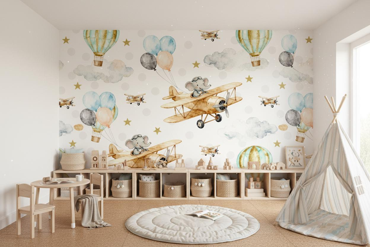 漫画風の動物柄の壁画、子供部屋や保育園に最適な水彩画風のサフ - Baby Nursery Peel And Stick Wallpaper のレビューと価格