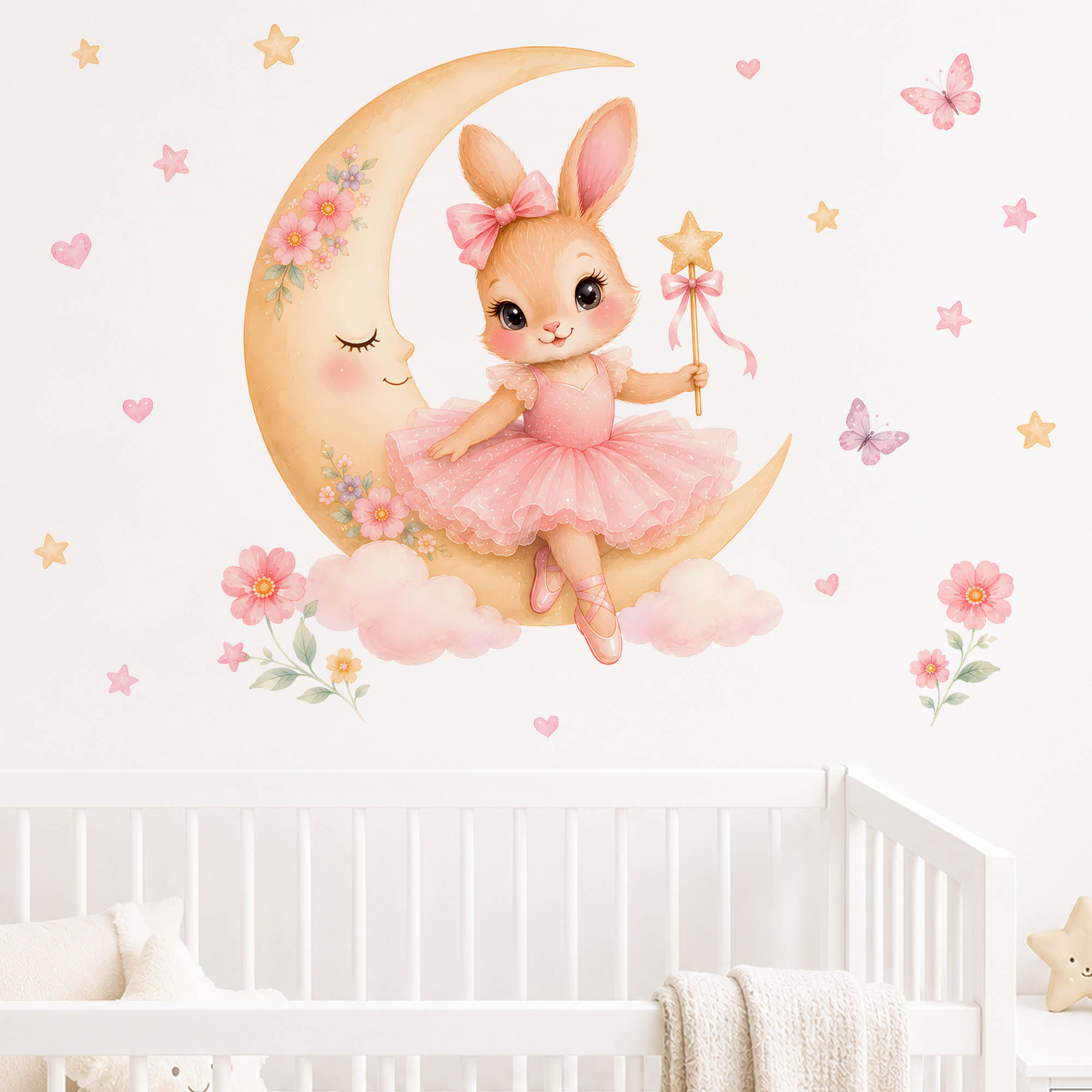 水彩画のバレリーナバニームーンウォールステッカー、ピンクのチ - Baby Girl Nursery Quotes のレビューと価格