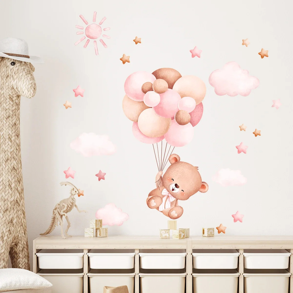 水彩画風の漫画風バルーンベアの壁ステッカー。子供部屋、ベビー - Baby Girl Nursery Quotes のレビューと価格