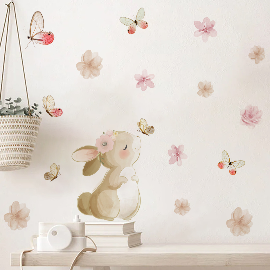 漫画ウサギの花蝶ウォールステッカー子供保育園女の子の部屋子供 - Baby Nursery Decor Girl のレビューと価格