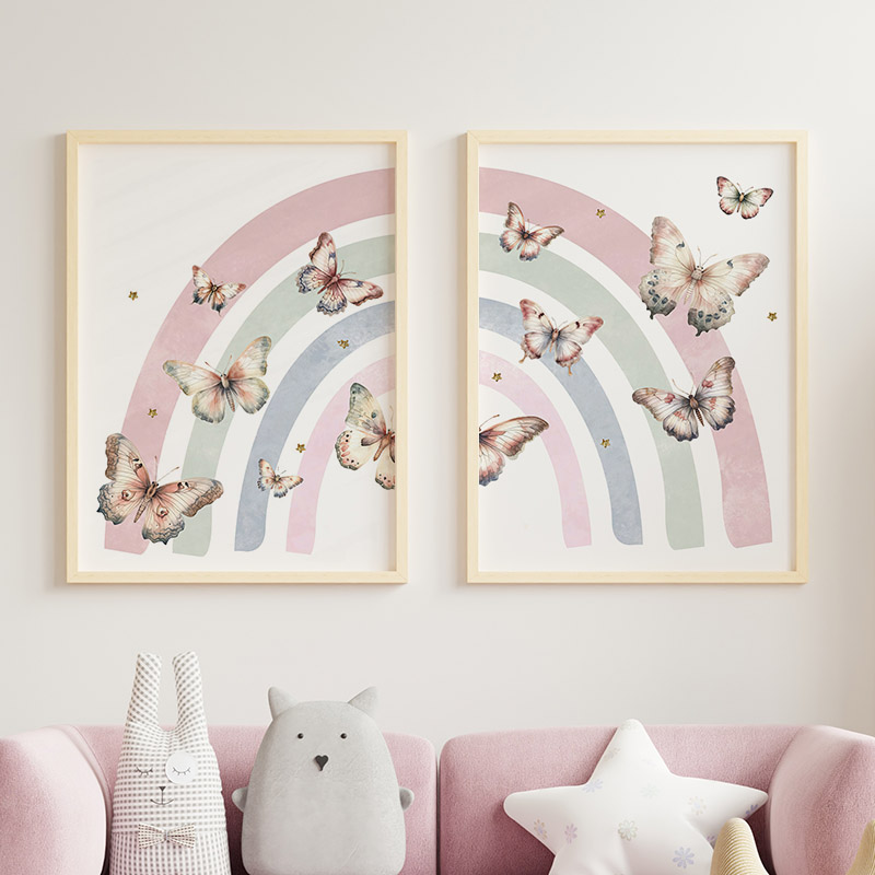 ピンク虹蝶カスタム赤ちゃんの名前壁アート保育園キャンバスプリ - Baby Nursery Decor Girl のレビューと価格