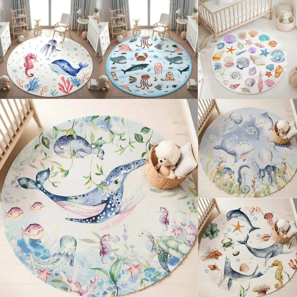 ブルーマリンアニマルラウンドカーペット リビングルーム用 女 - Baby Nursery Decor Girl のレビューと価格