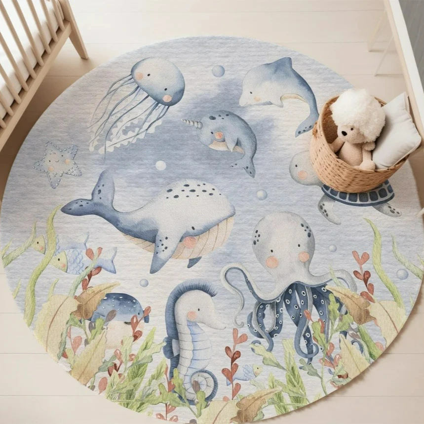ブルーマリンアニマルラウンドカーペット リビングルーム用 女 - Baby Nursery Decor Girl のレビューと価格